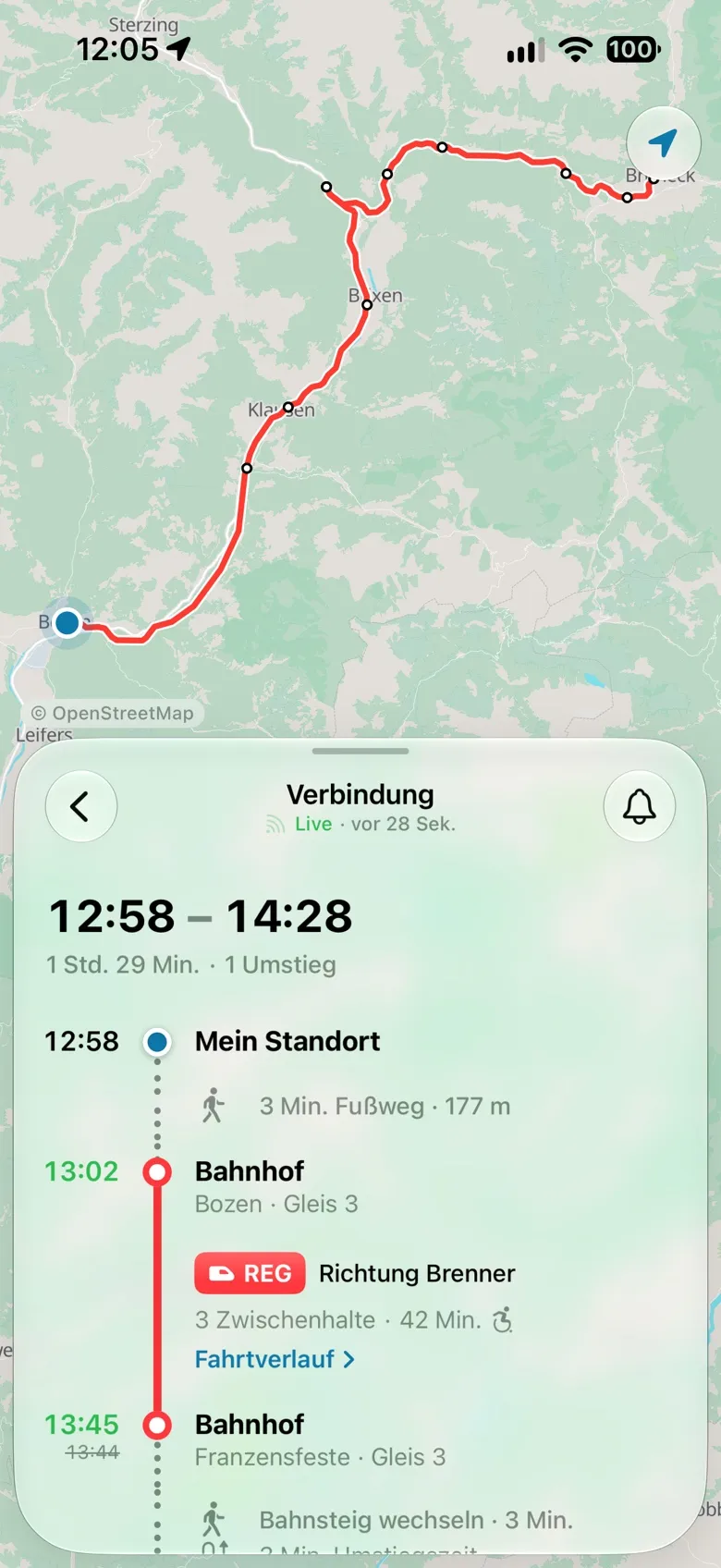 Eine Verbindung nach Bruneck auf der Karte