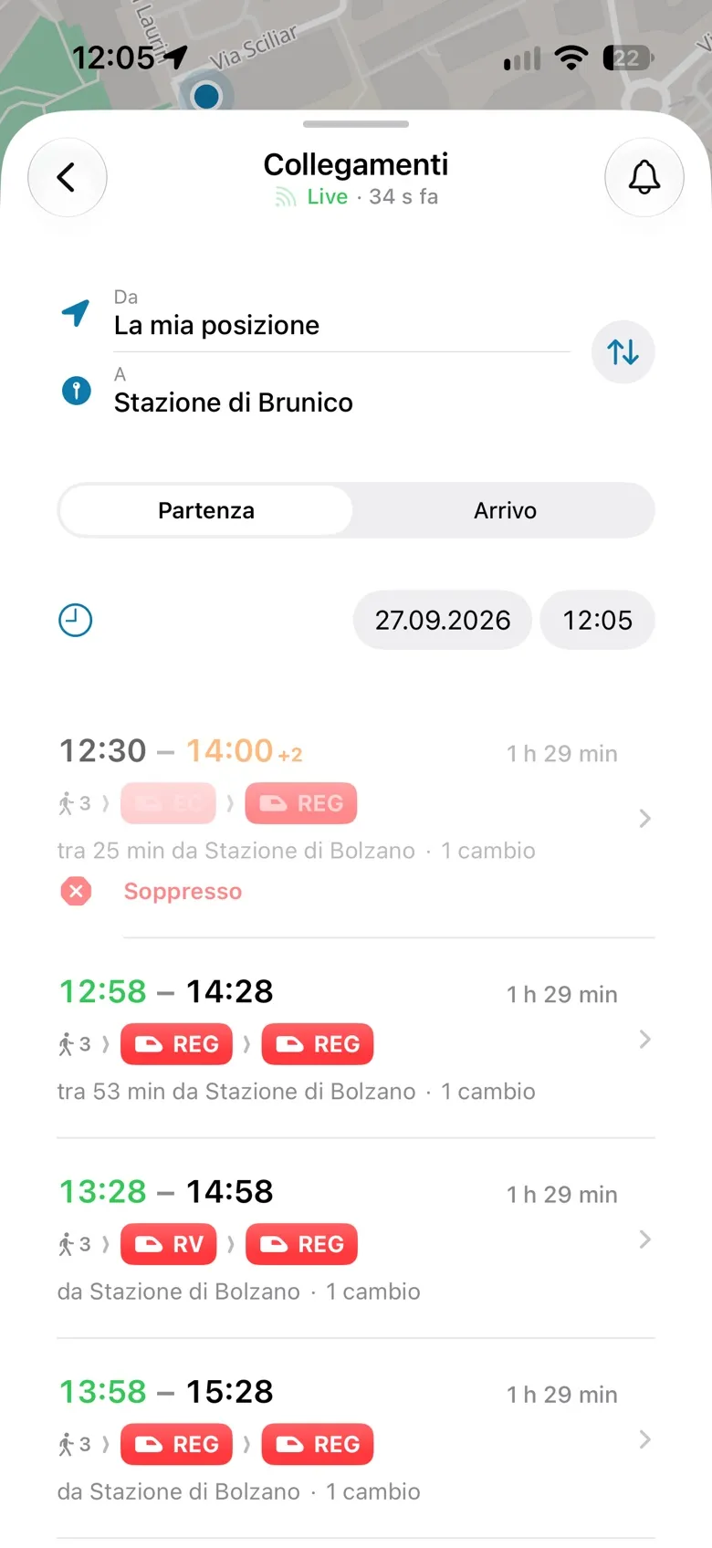 Collegamenti dalla mia posizione a Brunico, uno dei quali è soppresso