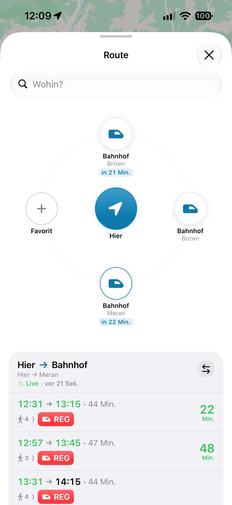 Touch-Fahrplan: von Hier zum Bahnhof gezogen, die nächsten Verbindungen
